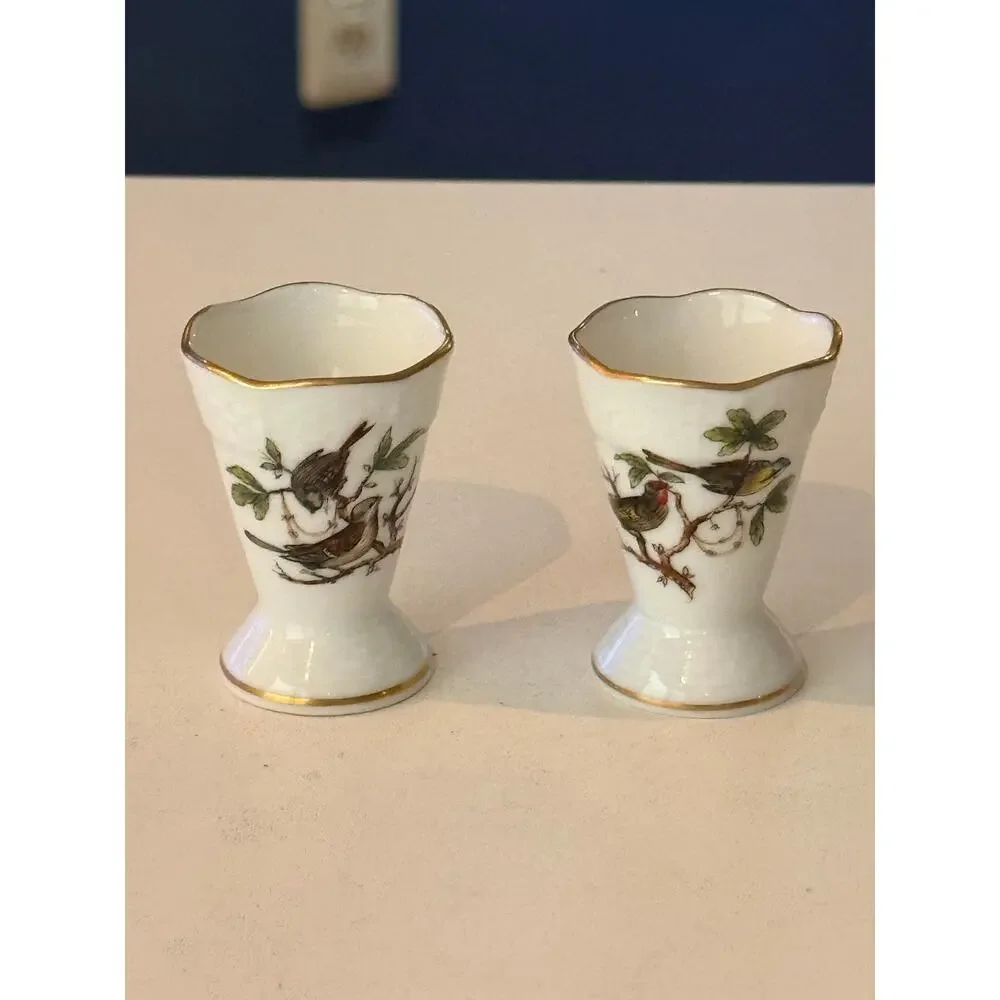 Herend Rothschild Bird Mini Vase Pair 280 RO Hand Painted Porcelain Gold Trim